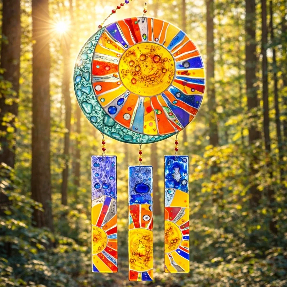 Stunning Sun Moon Glass Wind Chimes Sun Catcher Stained Glass Hanging Decor‎
